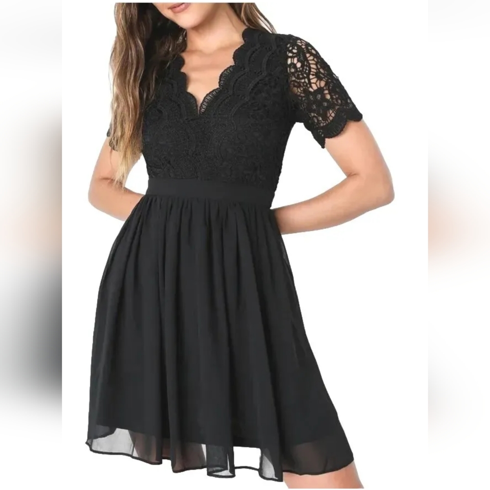 Lulus Dress Angel In Disguise Skater Black Mini Crochet Lace Bodice Woman Sm